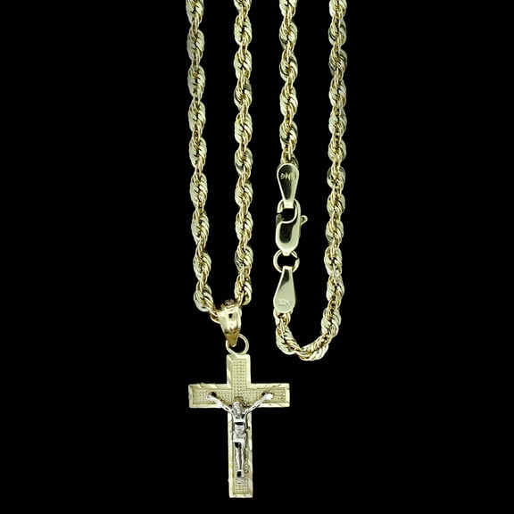 10K Real Yellow Gold Diamond Cut Jesus Crucifix Cross Pendant & 2.5mm Rope Chain Necklace Set