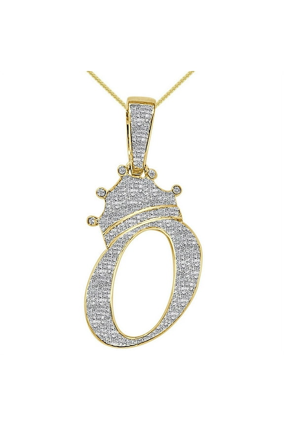 10K Real Yellow Gold Genuine Diamond Initial Letter Alphabet O Crown Charm Pendant