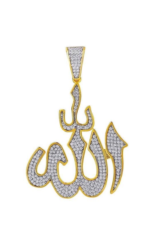 10K Real Yellow Gold On Genuine Sterling Silver Simulated Diamonds Allah God Muslim Pendant Charm 2.25 Inch Unisex