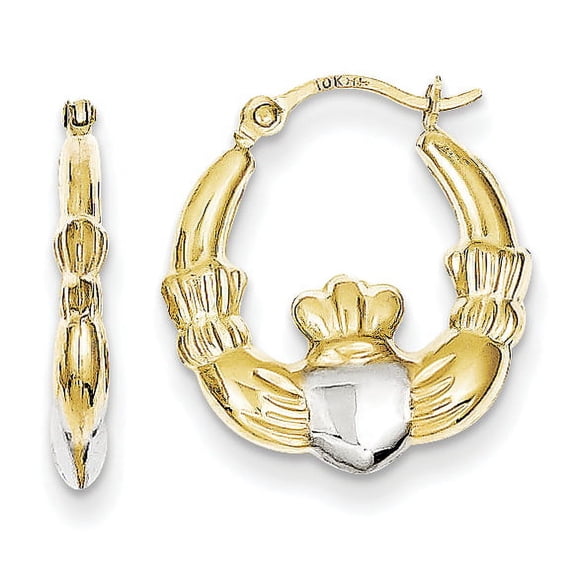 10K & Rhodium Claddagh Hollow Hoop Earrings 10ER261