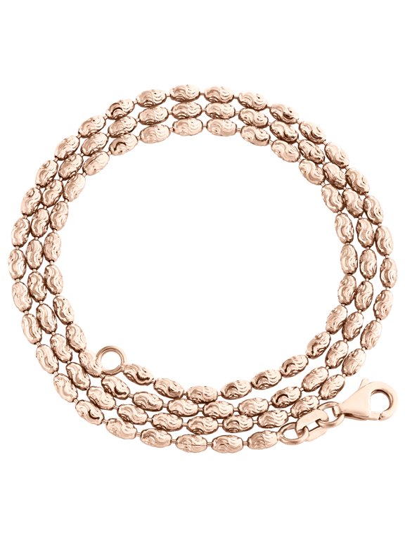 10K Rose Gold 2mm Rice Typhoon Moon Cut Italian Bead Chain Necklace 16 Inch