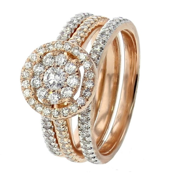 10K Rose Gold Bridal Rings Set 1.00ctw Diamonds Halo Style 3 Piece Set Round Cluster