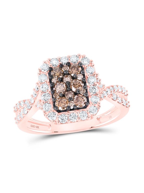 10K Rose Gold Brown Diamond Women's Crisscross Shank Rectangle Halo Ring 7/8 CT