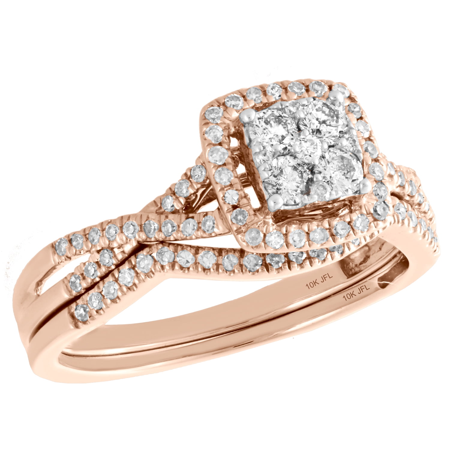 10K Rose Gold Diamond Bridal Set Cluster Engagement Ring + Wedding Band 10K Rose Gold Diamond Bridal Set Cluster Engagement Ring + Wedding Band