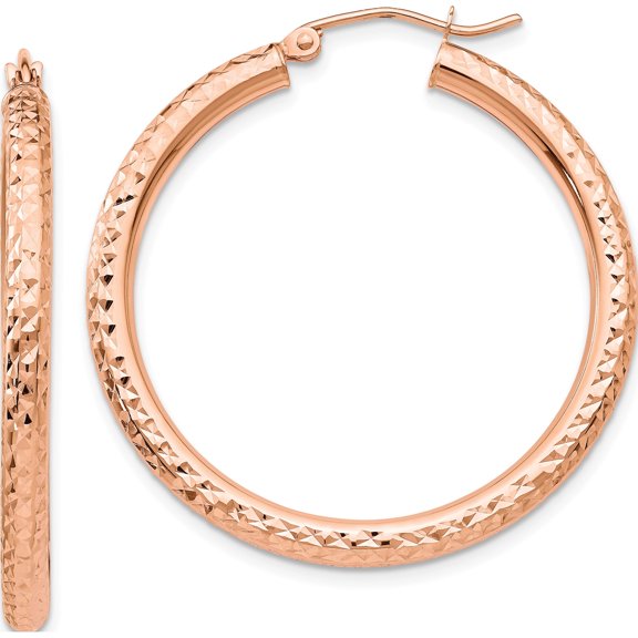 10K Rose Gold Diamond-Cut 3Mm Round Hoop Earrings (Width 3) (Length 35) - Jbsp