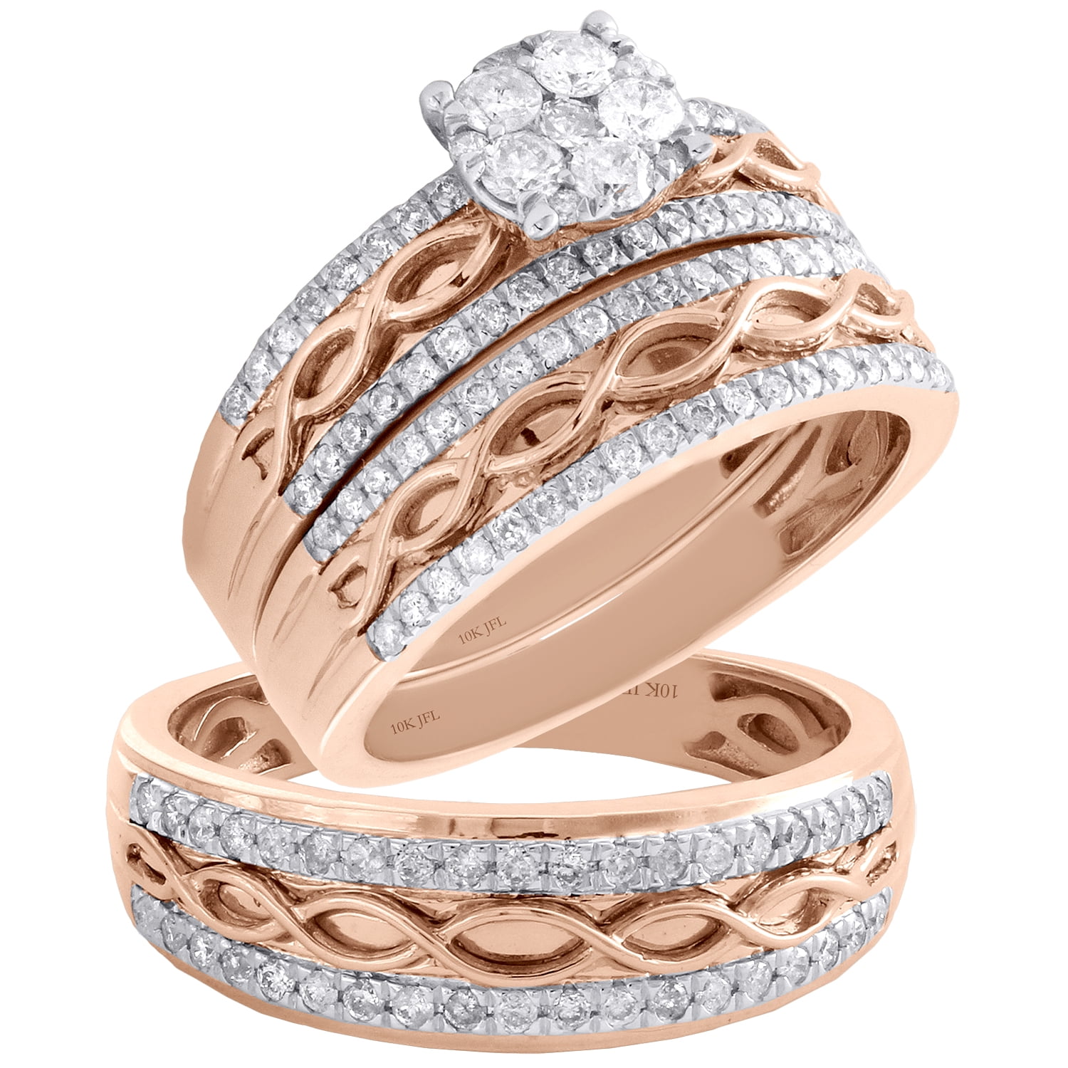 10K Rose Gold Diamond Flower Infinity Bridal Set + Wedding Bands Trio 10K Rose Gold Diamond Flower Infinity Bridal Set + Wedding Bands Trio