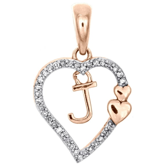 10K Rose Gold Diamond Heart Pendant Dangling Initial J Cut Out Charm 0.10 Ct.