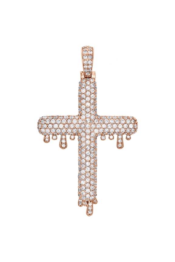 10K Rose Gold Genuine Round Diamond Drip Cross Pendant Mens 2" Charm 3.82 CT.