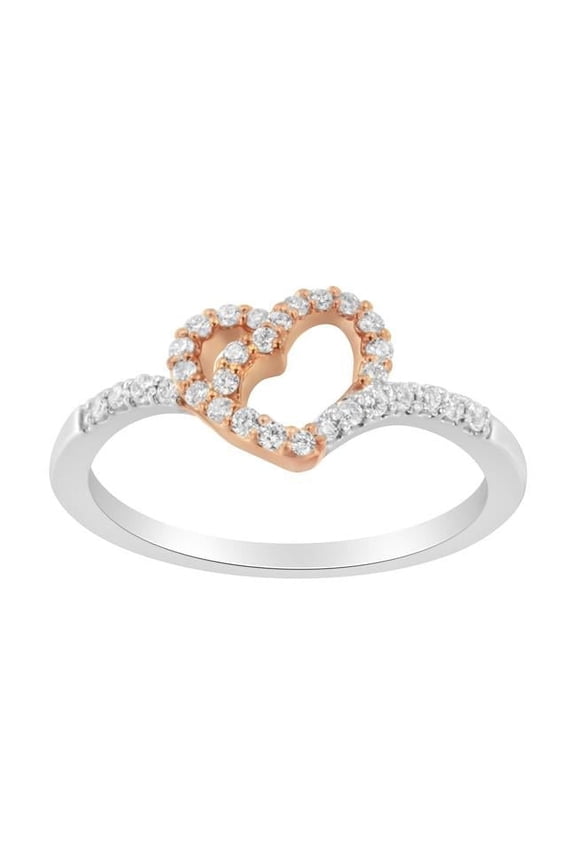 10K Rose Gold Over .925 Sterling Silver 0.22 CTTW Diamond Two Tone Open Heart Promise or Fashion Ring, I-J Color - I2-I3 Clarity - Size 7.50