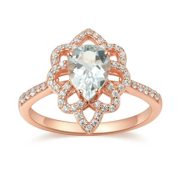 10K Rose Gold Pear Shape Created Aquamarine Cubic Zirconia Hollow Flower Engagement Ring