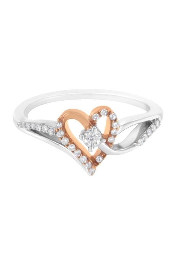 10K Rose Gold Plated .925 Sterling Silver 0.22 CTTW Diamond Two Tone Open Heart Promise or Fashion Ring, I-J Color - I2-I3 Clarity - Size 6.50