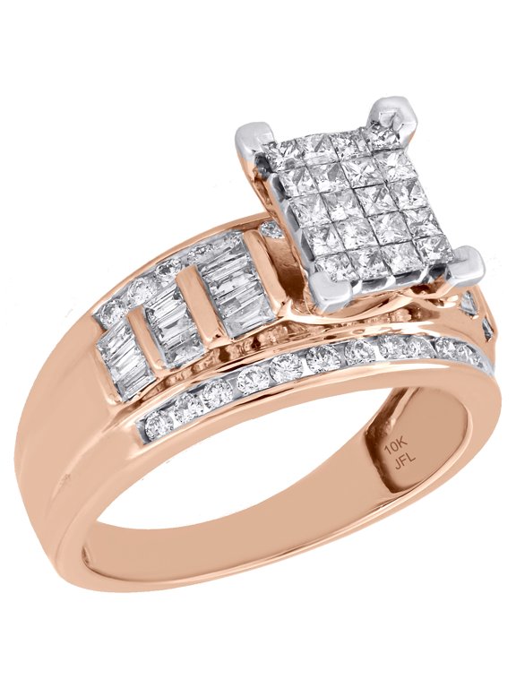 10K Rose Gold Princess & Baguette Cut Diamond Rectangle Engagement Ring 1 Ct.