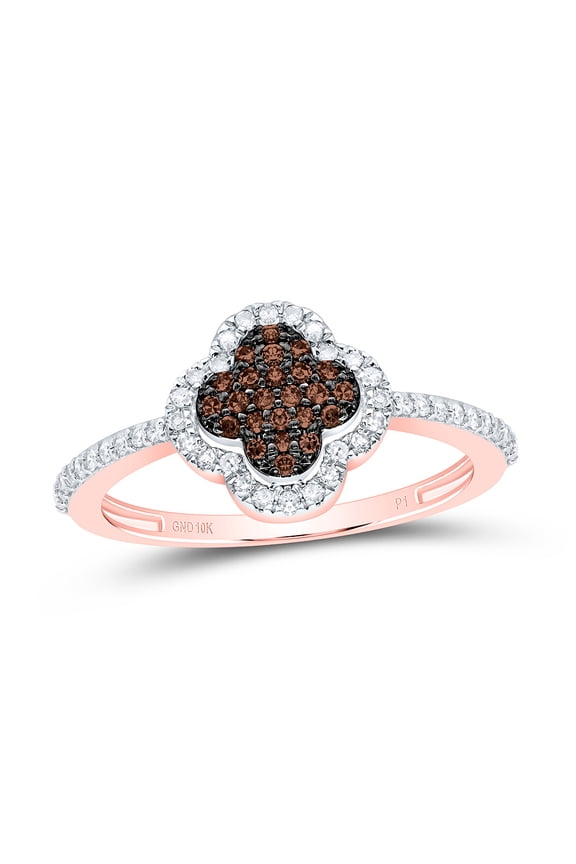 10K Rose Gold Real Brown Diamond Cluster 4 Leaf Clover Right Hand Ring 1/4 CT