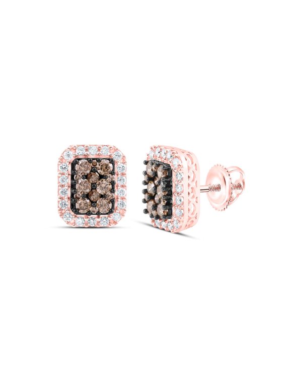 10K Rose Gold Real Brown Diamond Women's Cluster Rectangle Stud Earrings 3/4 CT