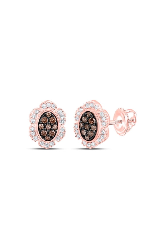 10K Rose Gold Real Brown Diamond Women's Floral Oval Frame Stud Earrings 1/5 CT