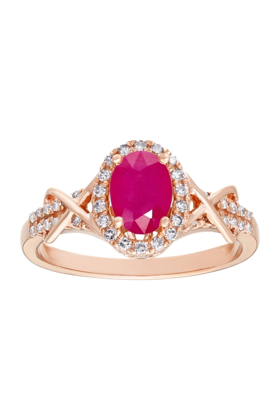 10K Rose Gold, Red Ruby and Diamond Oval Ring (.24cttw, I-J, I2-I3) Size 5