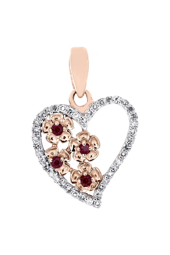 10K Rose Gold Reddish Ruby Round Diamond Love Heart Pendant 0.65" Charm 1/8 CT.