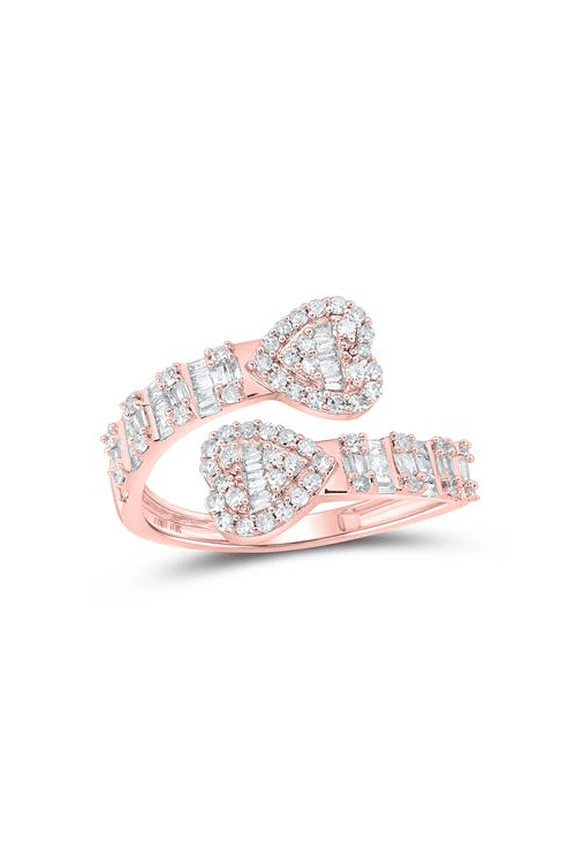 10K Rose Gold Round & Baguette Diamond Cuff Bypass Heart Statement Ring 5/8 CT.