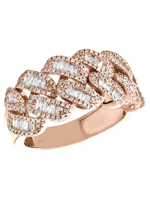 10K Rose Gold Round & Baguette Diamond Miami Cuban Link Ring 13mm Band 0.92 CT.
