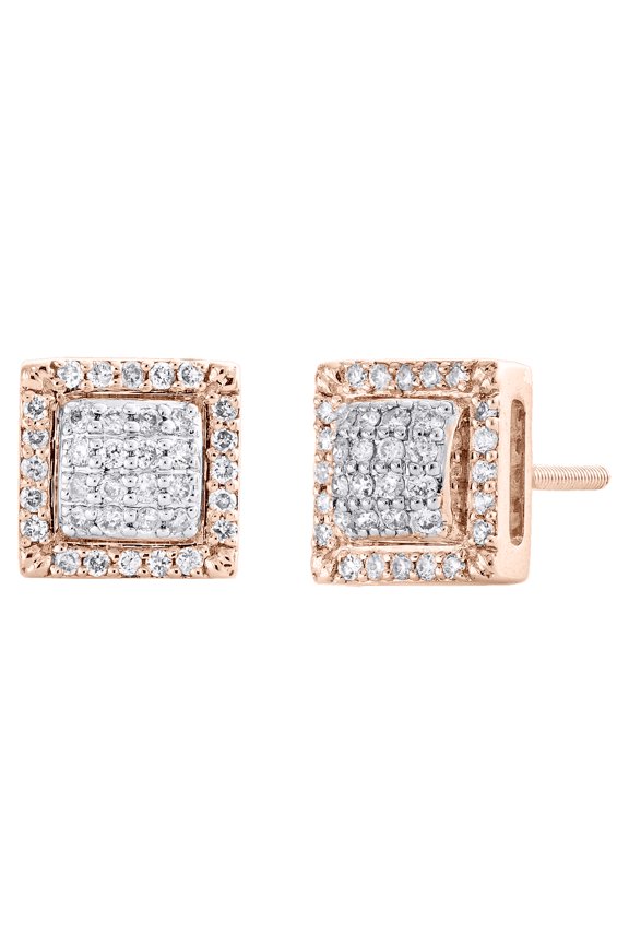 10K Rose Gold Round Diamond Square Domed Frame Stud 8mm Cluster Earrings 0.34 CT