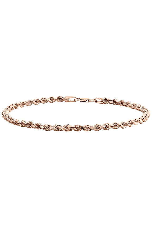 10K Rose Gold Semi Solid Diamond Cut Rope Link Bracelet 3mm Lobster Clasp 8.25"