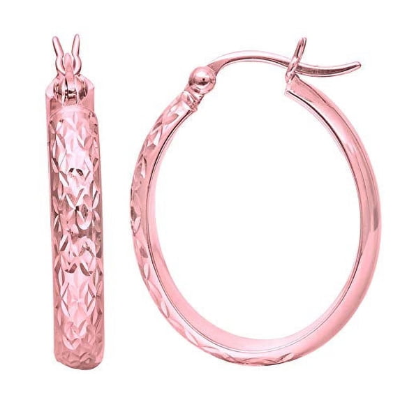 JewelStop 10k Rose Gold Shiny Oval Diamond Cut Sparkle Hoop Earrings - 4mm, 1.7gr.