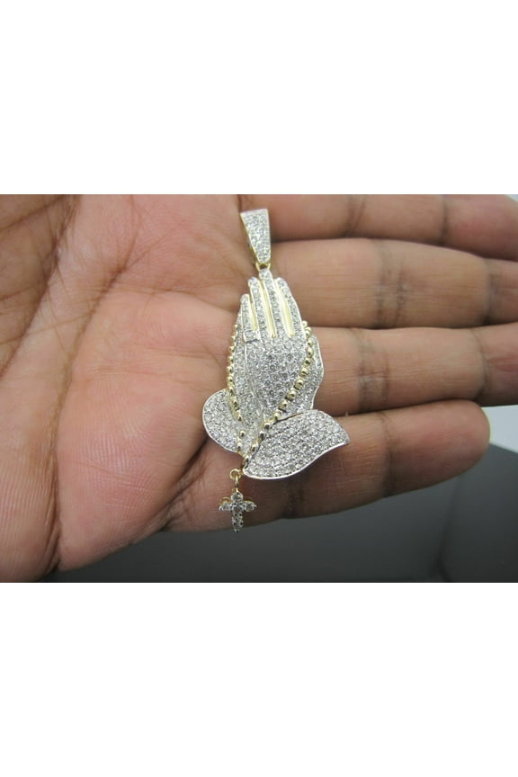 10K SOLID YELLOW GOLD 2.25 CARAT REAL DIAMOND 1.75" PRAYING HAND PENDANT CHARM