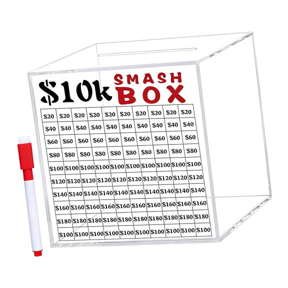 10K Smash Box Money Saver, Clear Acrylic Piggy Adult, $10000 Challenge Break Open
