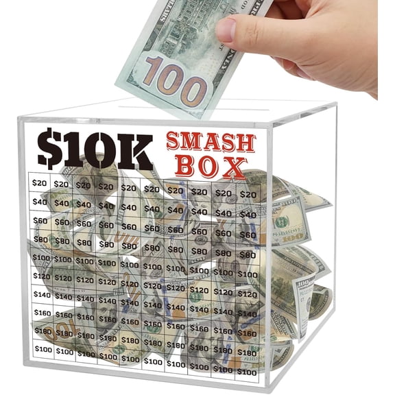 10K Smash Box for Money Saving Challenge 4.72 Inch Clear Acrylic Piggy Bank for Cash Coin Unbreakable $10000 Money Saving Challenge Vault Fun Financial Gift for Men Women Teens Must Break to Open