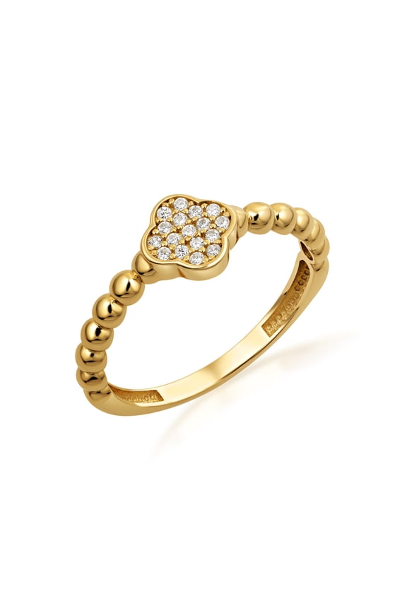 10K Solid Gold Beaded CZ Clover Ring / Ring- Size 4