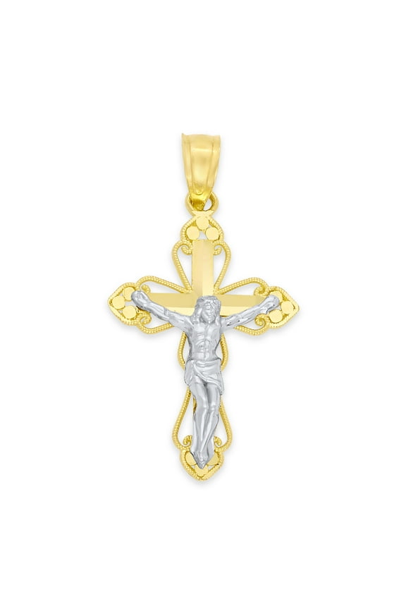 10K Solid Gold Crucifix Pendant, Two-Tone Jesus Cross, Religious Jewelry for Men and Women