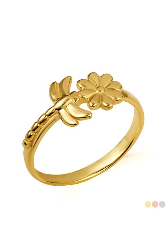 10K Solid Gold Dragonfly Daisy Flower Nature Ring /Size 9