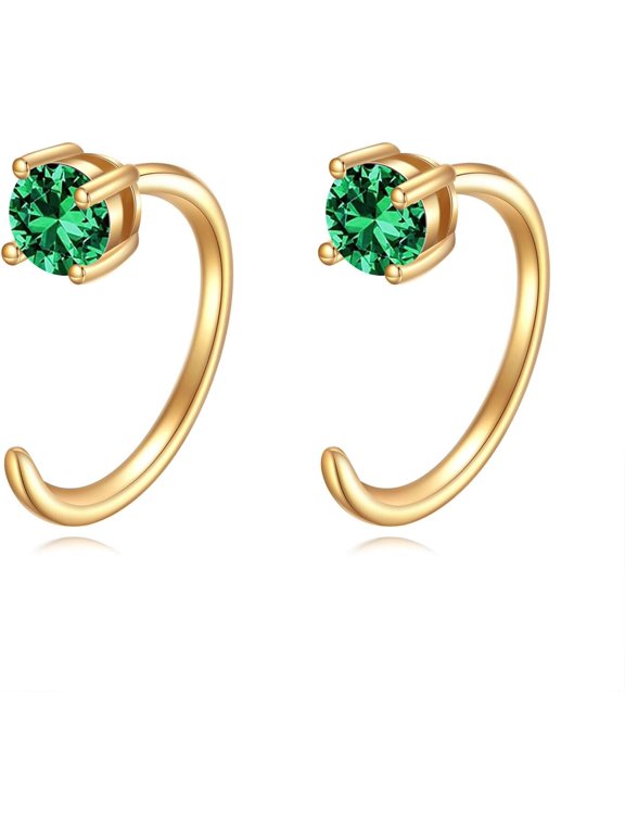 10K Solid Gold Huggie Half Hoop Birthstone Earrings for Women, Gold Colored Gemstone Tiny Cartilage Earring Hypoallergenic Jewelry Anniversary Birthday Gift 10mm