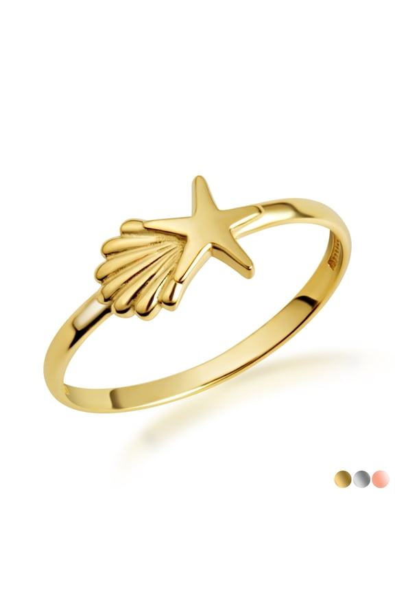 10K Solid Gold Starfish & Seashell Beach Ring / Size 7