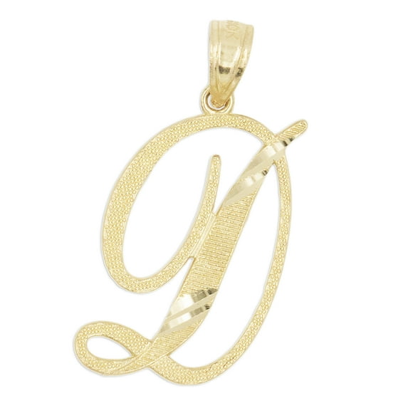 10K Solid Real Gold Personalized Cursive D Initial Pendant, Available in Different Letters Charm with Diamond Cut Gifts for Her with 16 Inch Gold Chain