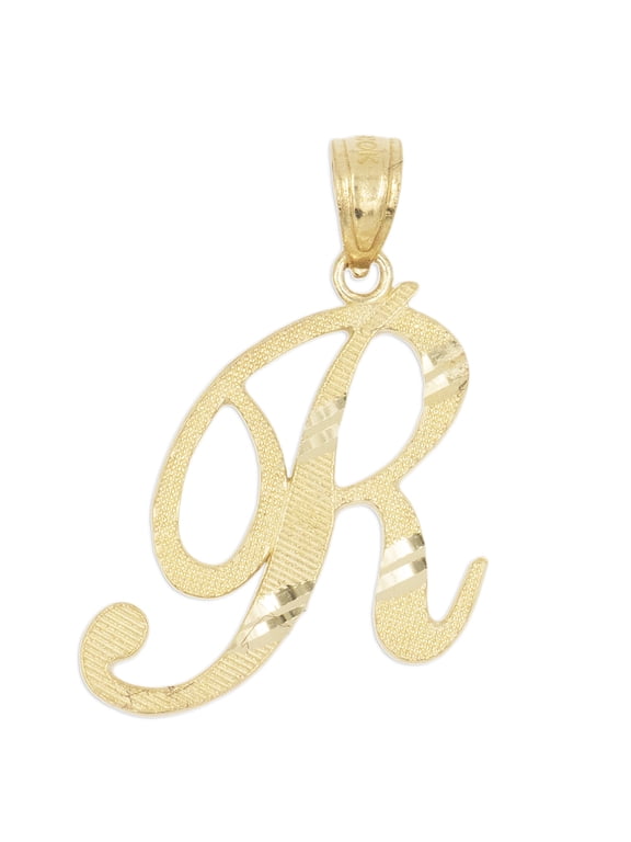 10K Solid Real Gold Personalized Cursive R Initial Pendant, Available in Different Letters Charm with Diamond Cut Gifts for Her
