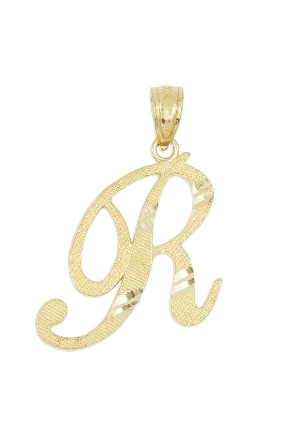10K Solid Real Gold Personalized Cursive R Initial Pendant, Available in Different Letters Charm with Diamond Cut Gifts for Her