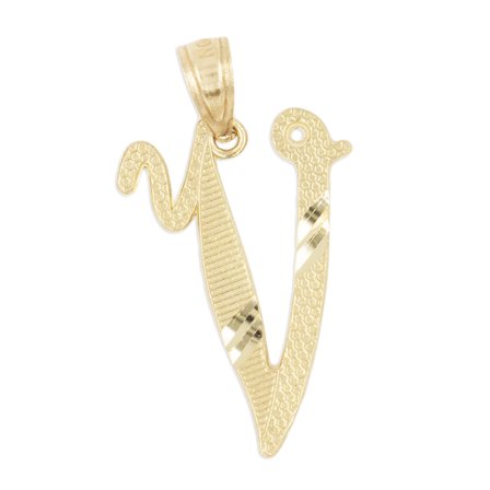 10K Solid Real Gold Personalized Cursive V Initial Pendant, Available in Different Letters Charm with Diamond Cut Gifts for Her