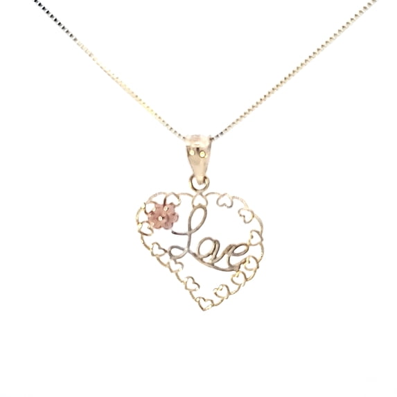 10K Solid Real Gold Valentine Heart with Love & Flower Charm/Pendant with Box Chain 18"