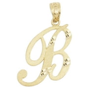 10K Solid Real Yellow Gold Personalized Cursive B Initial Pendant Necklace, Available in Different Letters Charm with Diamond Cut Gifts for Her