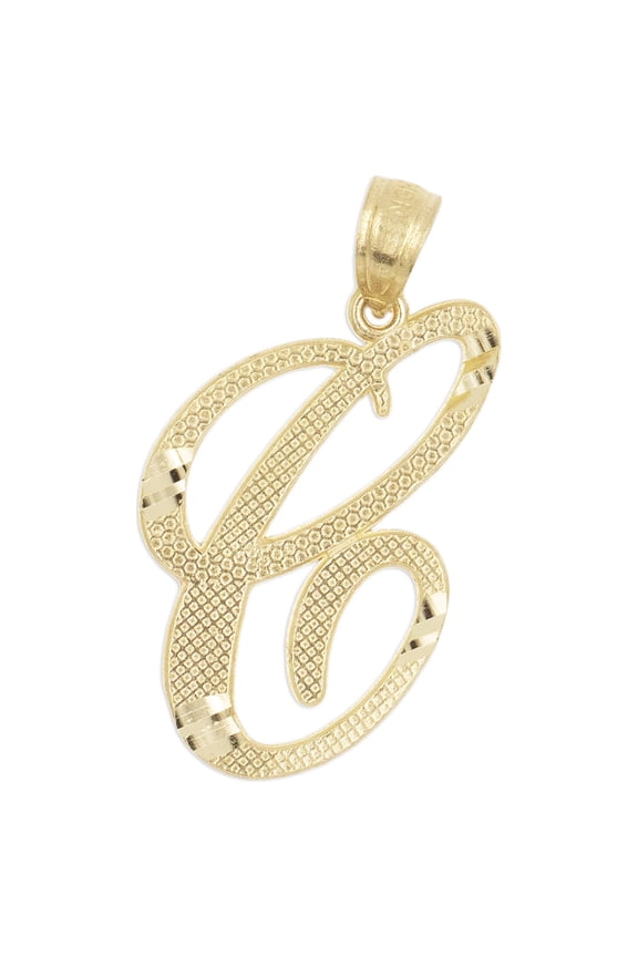 10K Solid Real Yellow Gold Personalized Cursive C Initial Pendant Necklace, Available in Different Letters Charm with Diamond Cut Gifts for Her