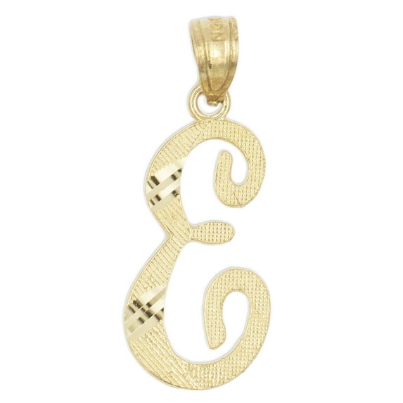 10K Solid Real Yellow Gold Personalized Cursive E Initial Pendant Necklace, Available in Different Letters Charm with Diamond Cut Gifts for Her with 20" Gold Chain