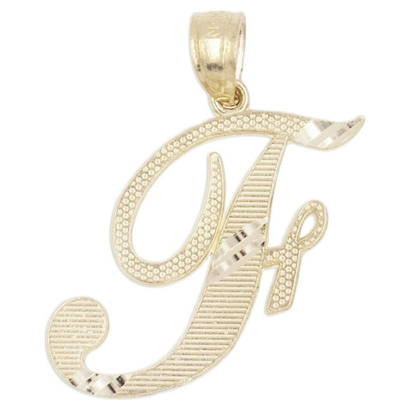 10K Solid Real Yellow Gold Personalized Cursive F Initial Pendant Necklace, Available in Different Letters Charm with Diamond Cut Gifts for Her