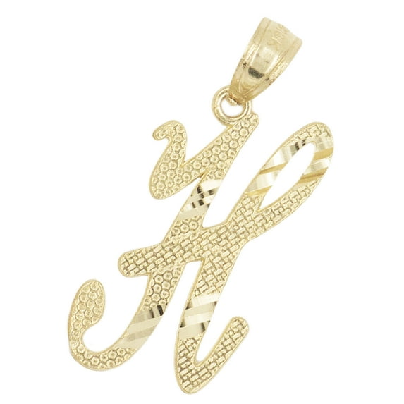 10K Solid Real Yellow Gold Personalized Cursive H Initial Pendant Necklace, Available in Different Letters Charm with Diamond Cut Gifts for Her