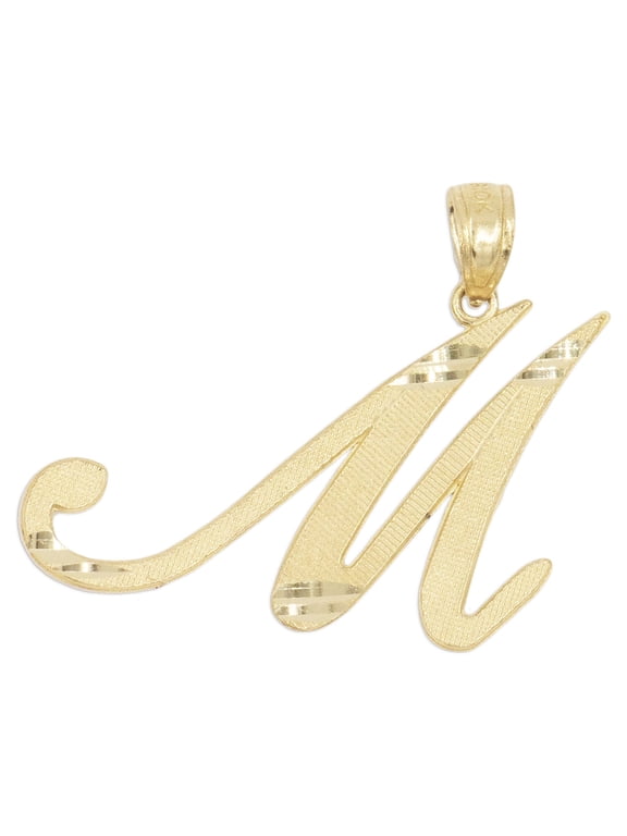 10K Solid Real Yellow Gold Personalized Cursive M Initial Pendant Necklace, Available in Different Letters Charm with Diamond Cut Gifts for Her