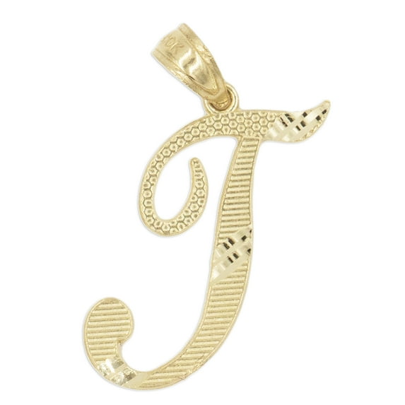 10K Solid Real Yellow Gold Personalized Cursive T Initial Pendant Necklace, Available in Different Letters Charm with Diamond Cut Gifts for Her with 16" Gold Chain