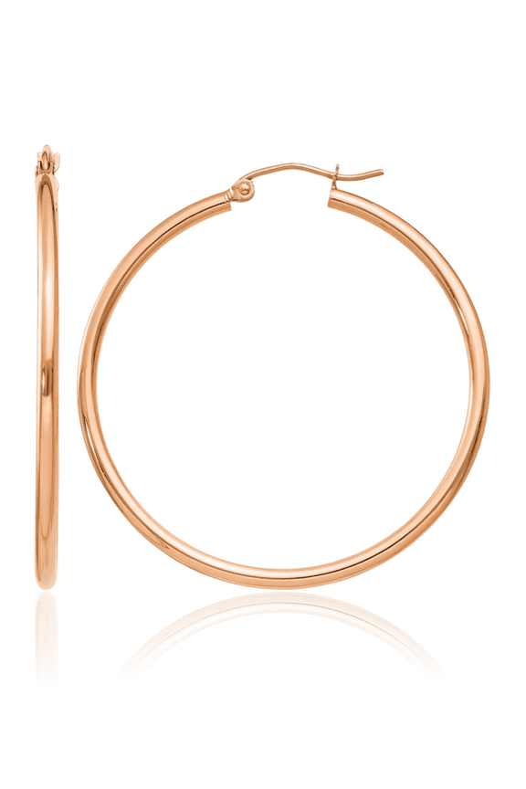 10K Solid Rose Pink Gold 2mm Tube Round Large Hoop Earrings