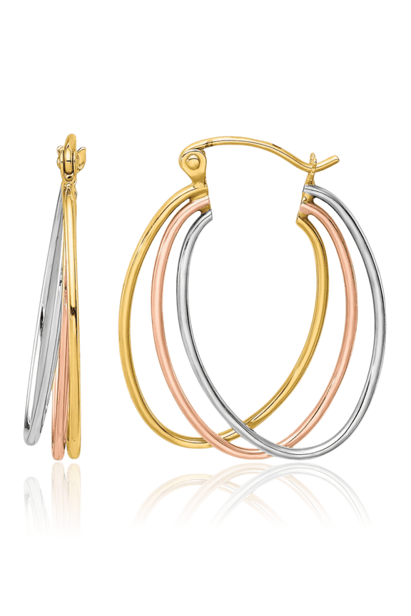 10K Solid Tri Color Pink White Yellow Gold Triple Medium Hoop Earrings