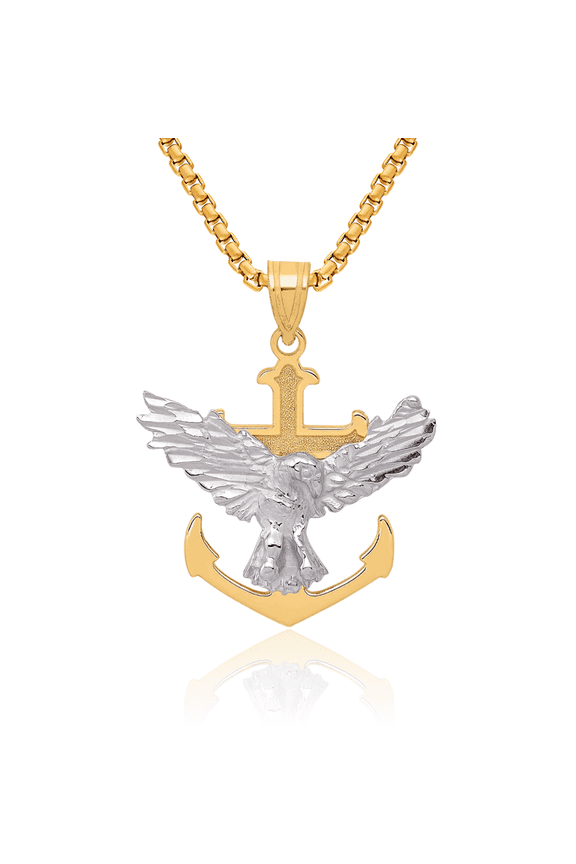 10K Solid Two Tone Gold Anchor Mariner Cross Eagle Necklace American Hawk Bird Head Religious Jesus Christ Pendant Symbol of Strength Freedom Nautical Charm