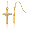 thumbnail image 1 of 10K Solid Two Tone Gold Lord Jesus Christ Crucifix Holy Hanging Cross Christian Religious Drop Dangle Earrings, 1 of 10